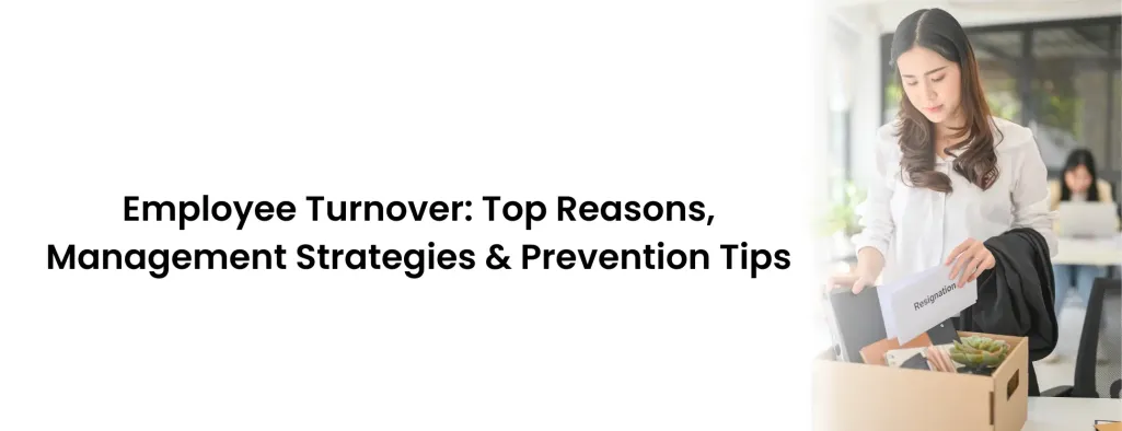 A woman in an office holding a resignation letter while packing personal items, symbolizing employee turnover.