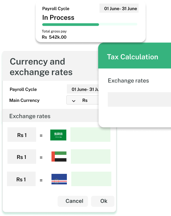 Multi-currency payroll management dashboard for global workforce salary processing in ResourceInn HRMS.