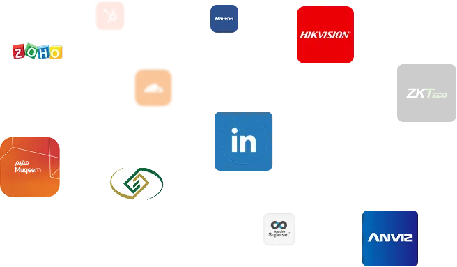 Business application integration icons supported by ResourceInn HRMS.