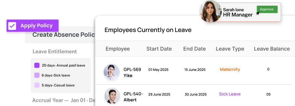 Employee leave management dashboard for leave requests, approvals, and PTO tracking in ResourceInn HRMS.