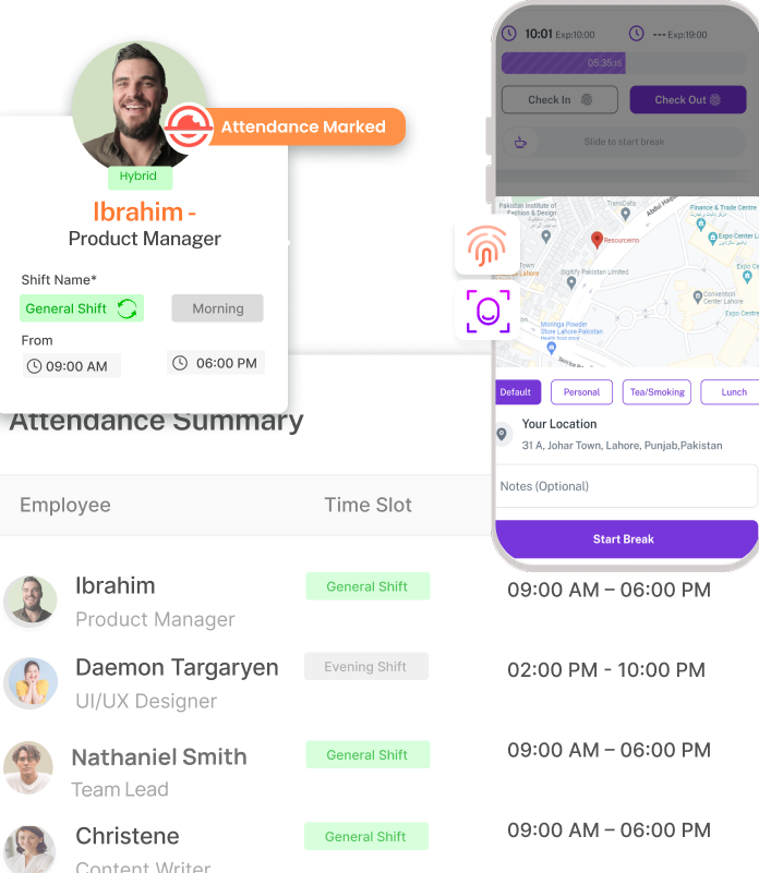 Attendance dashboard showing multi-device punches with geofencing and workforce tracking in ResourceInn HRMS.