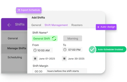 Auto-shift scheduling and shift management dashboard for employee workforce planning in ResourceInn HRMS.