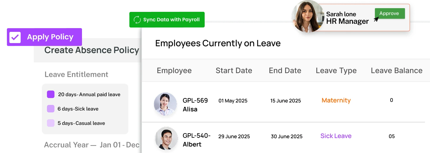 Employee leave management dashboard for leave requests and approvals in ResourceInn HRMS.