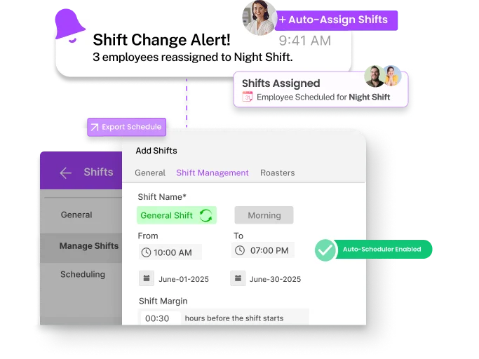 attendance shift change alert UI