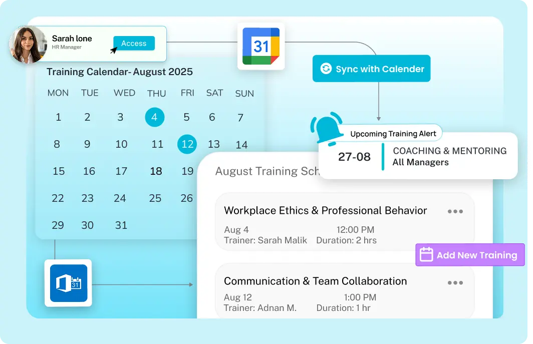 Employee training planning dashboard integrated with Google Calendar in ResourceInn HRMS.