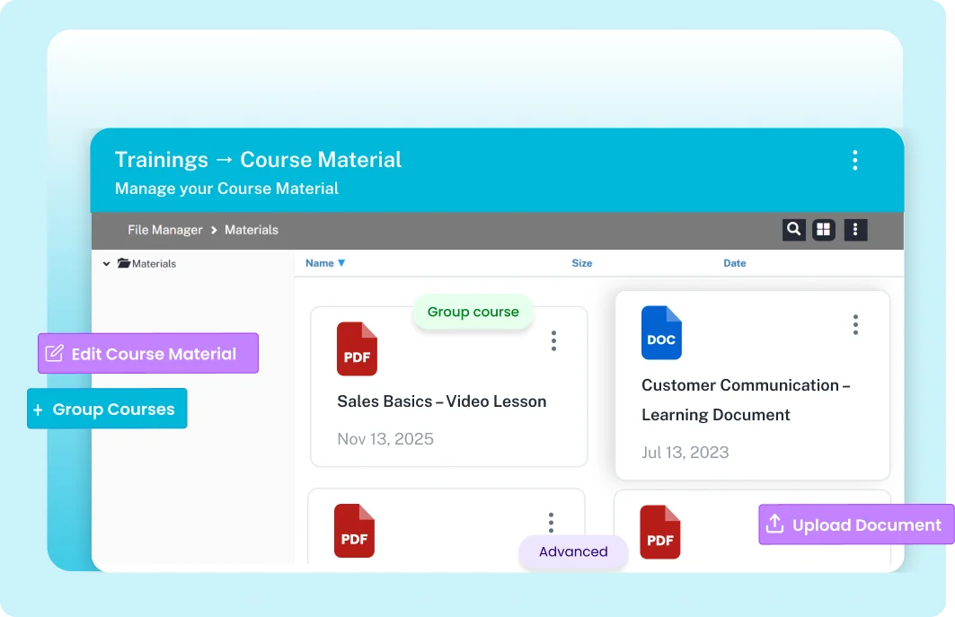 Centralized hub dashboard for employee training courses and learning materials in ResourceInn HRMS.