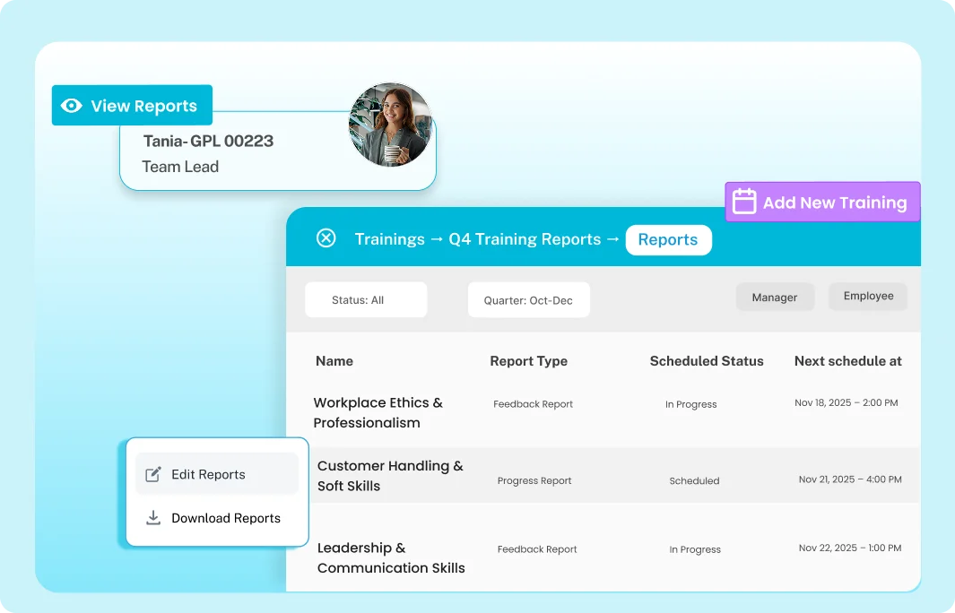Comprehensive employee training report dashboard showing learning analytics and workforce development progress in ResourceInn HRMS.