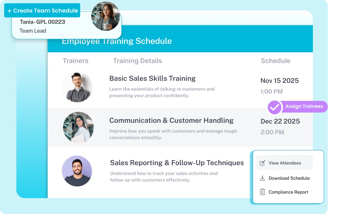 Dashboard interface for starting employee training courses in ResourceInn HRMS.