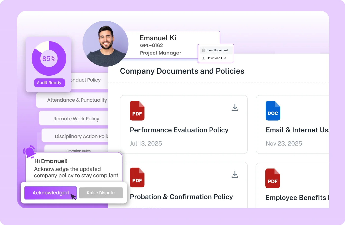 Company documents and HR policies dashboard interface in ResourceInn HRMS.