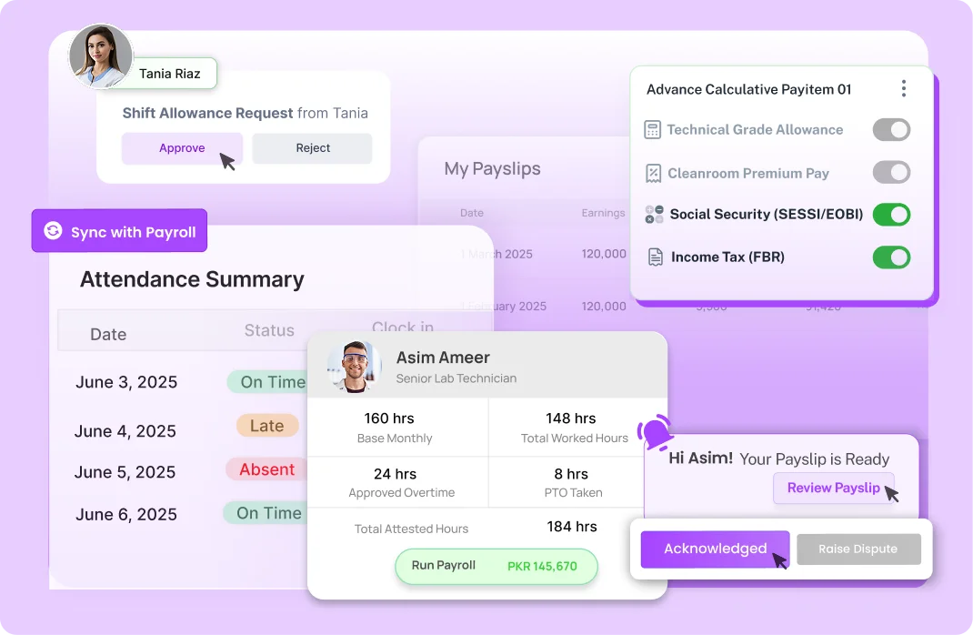 Payroll management software dashboard for employee salary processing in ResourceInn HRMS.