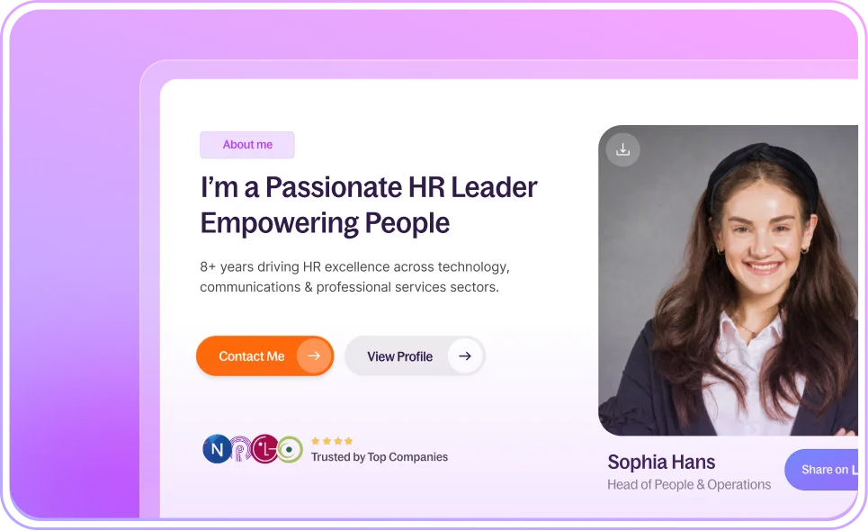 Profile details section displaying an HR professional’s title, biography, profile image, and contact call-to-action.