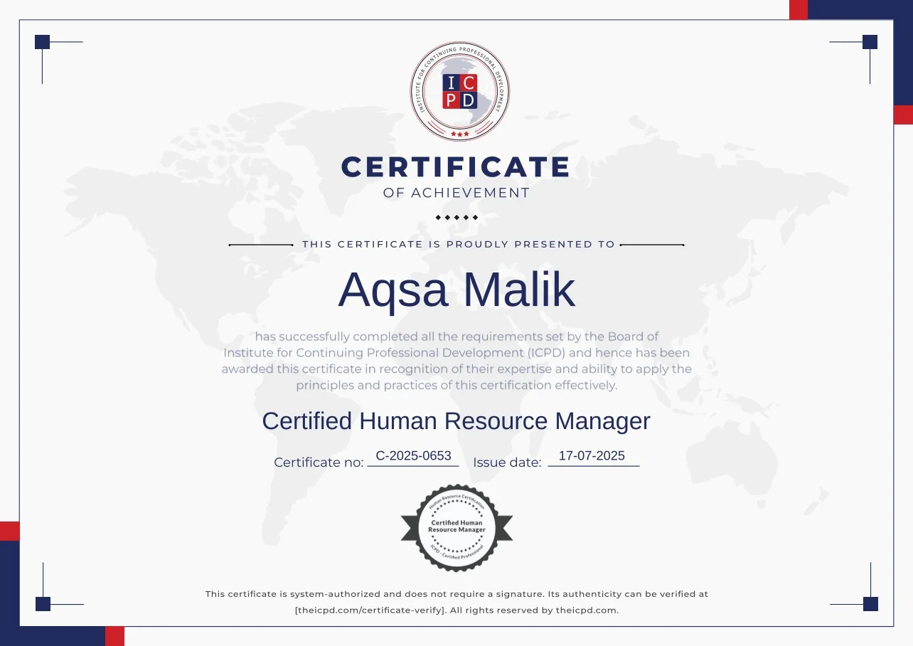Certificate certifying Aqsa Malik as a Certified Human Resource Manager