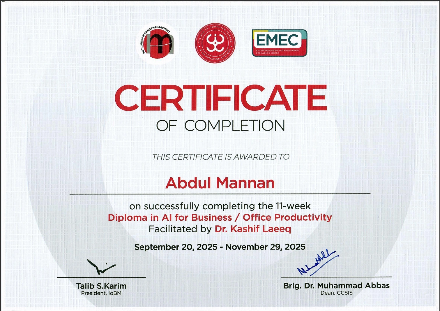 EMEC Diploma in AI for Business/Office Productivity certificate of completion awarded to Abdul Mannan