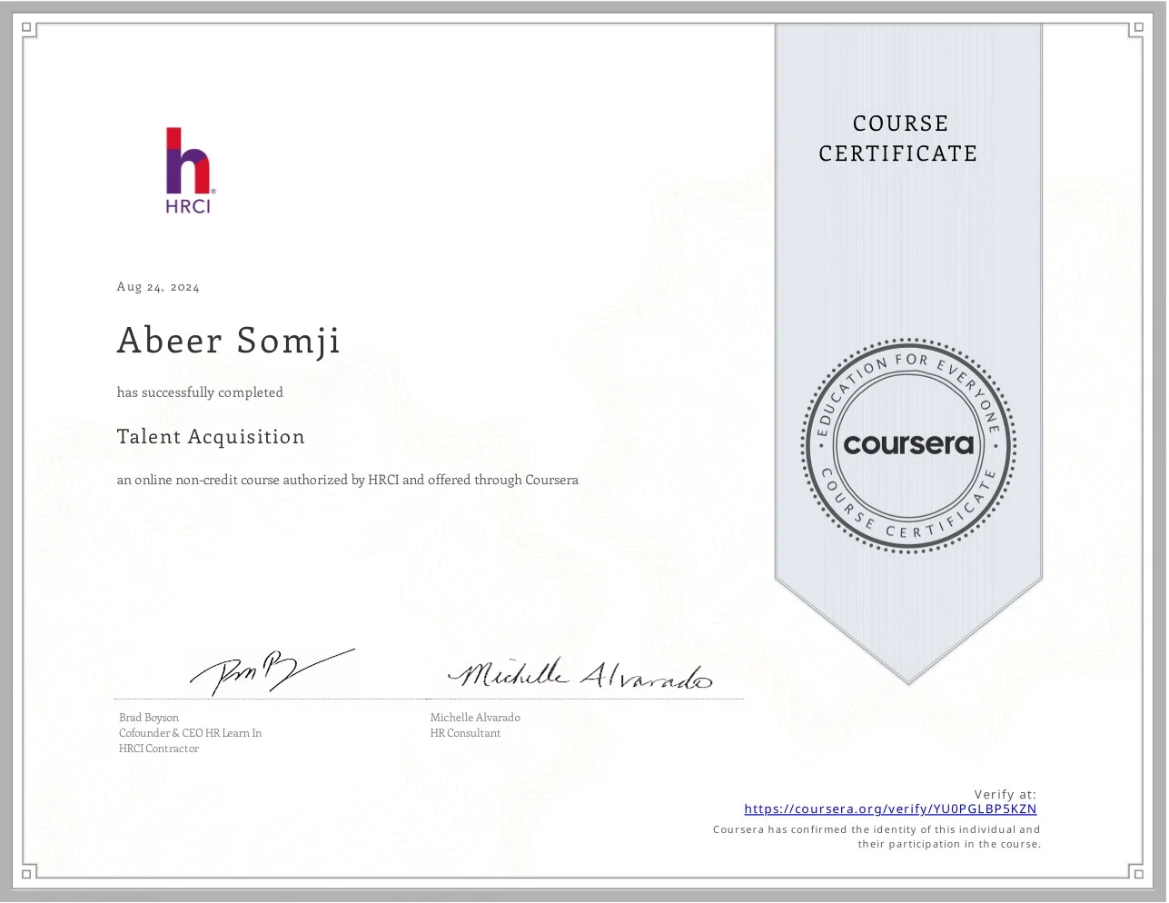 Coursera certificate awarded to Abeer Somji