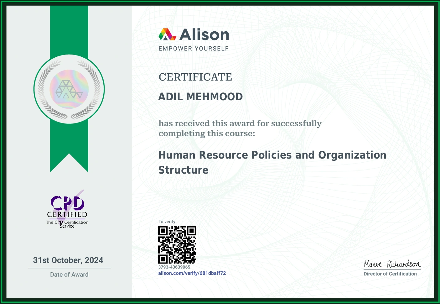 Alison certificate in Human Resource Policies and Organization Structure, issued to Adil Mehmood