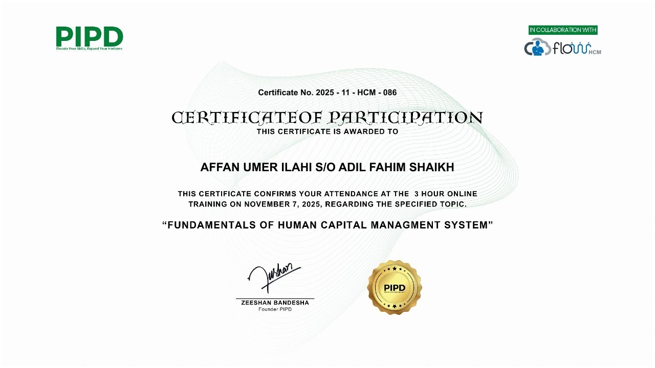 Participation certificate awarded to Affan Umer by PIPD.