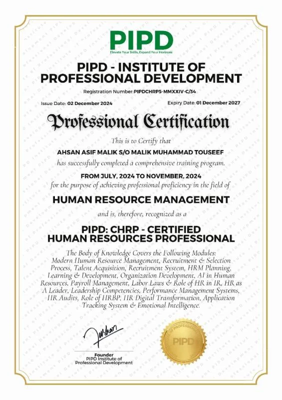 Ahsan Malik – PIPD Professional Certification – CHRP, Certified Human Resources Professional