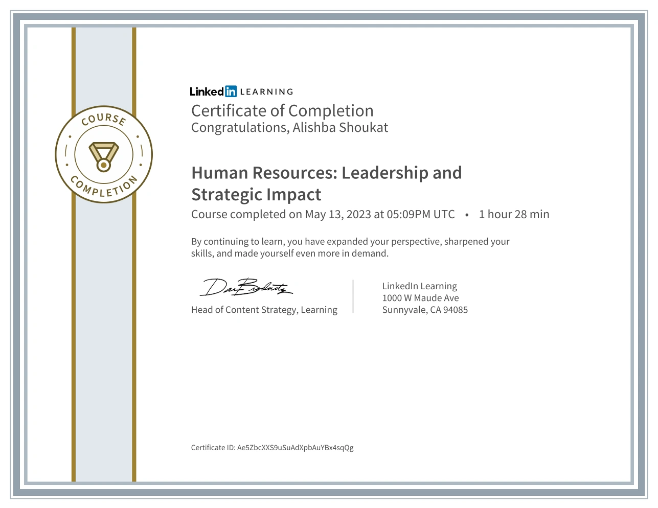 LinkedIn Learning "Human Resources: Leadership and Strategic Impact" certificate of completion, issued to Alishba Shoukat