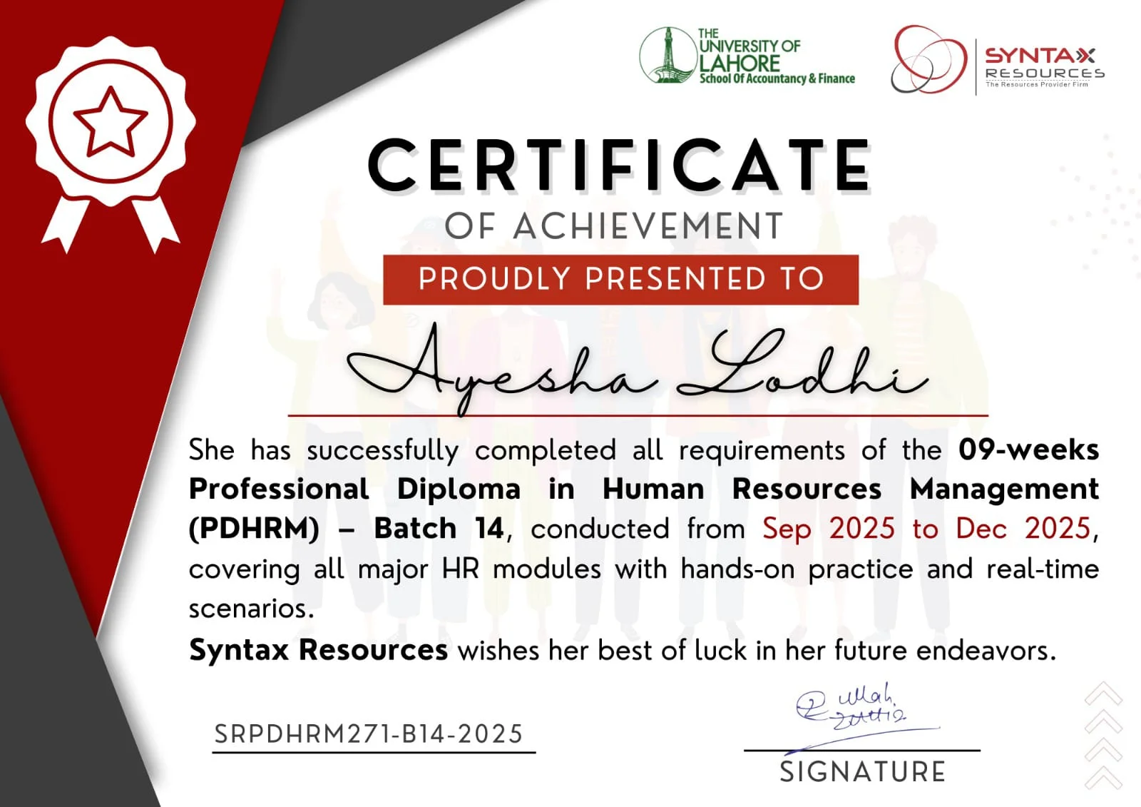 Syntax Resources Professional Diploma in Human Resources Management (PDHRM) Batch 34 certificate of achievement awarded to Ayesha Lodhi