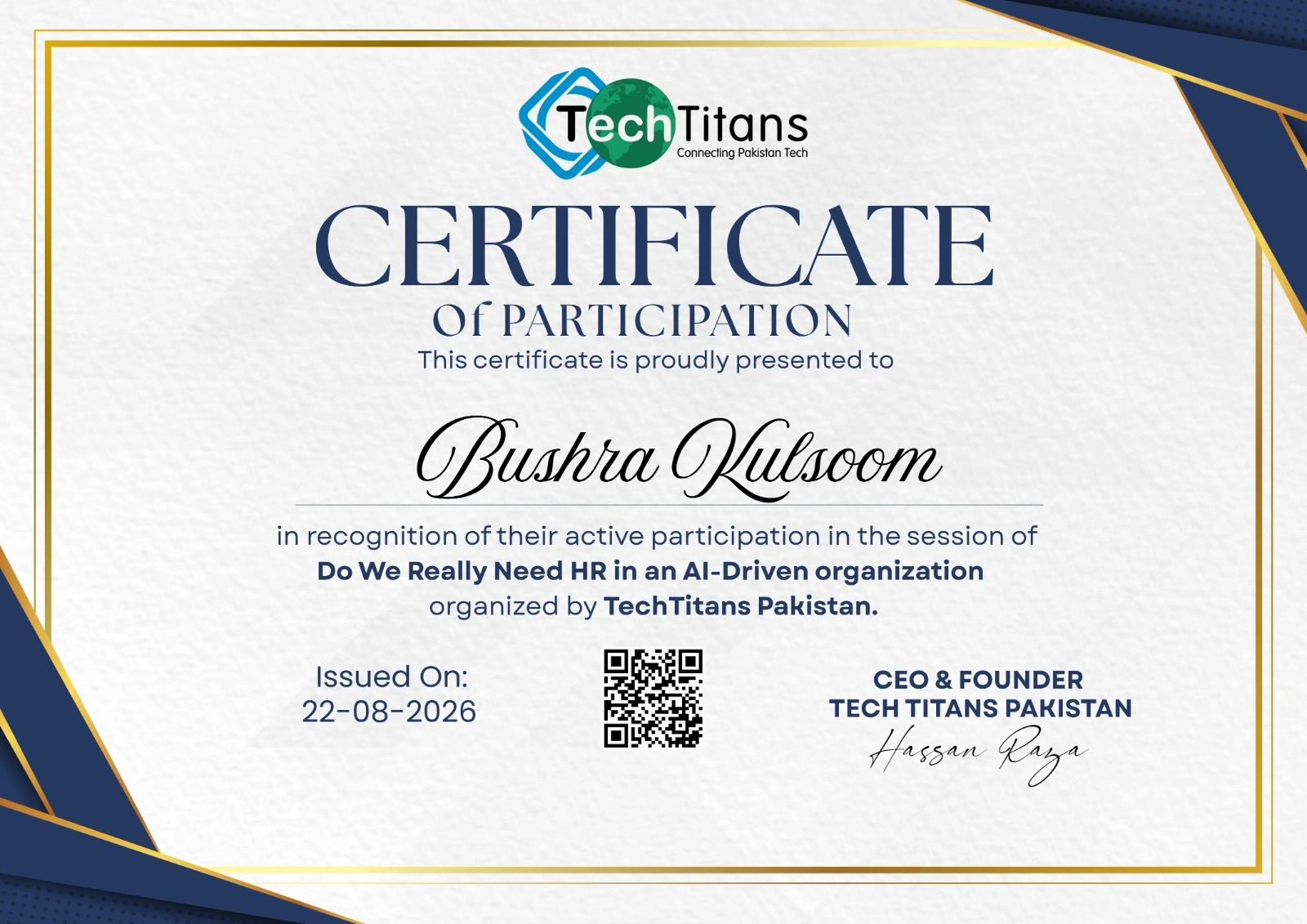 TechTitans Pakistan certificate of participation awarded to Bushra Kulsoom