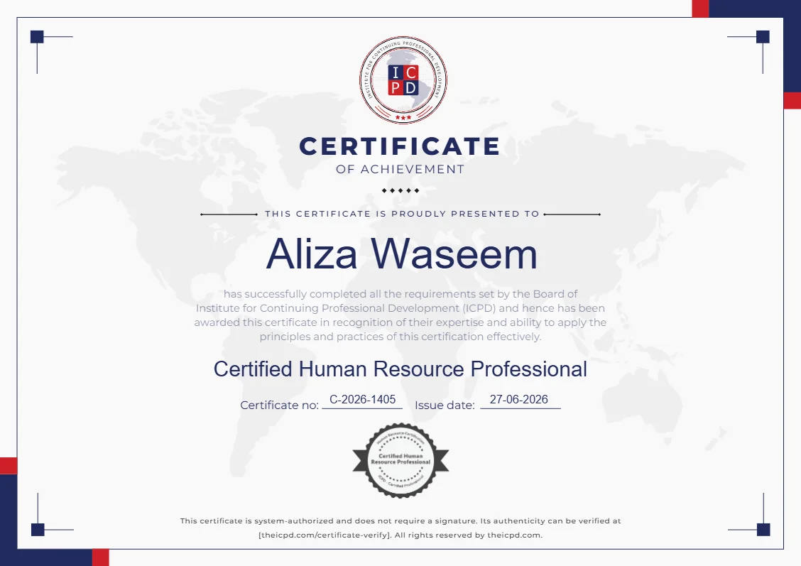Achievement certificate awarded to Aliza Waseem by ICPD.