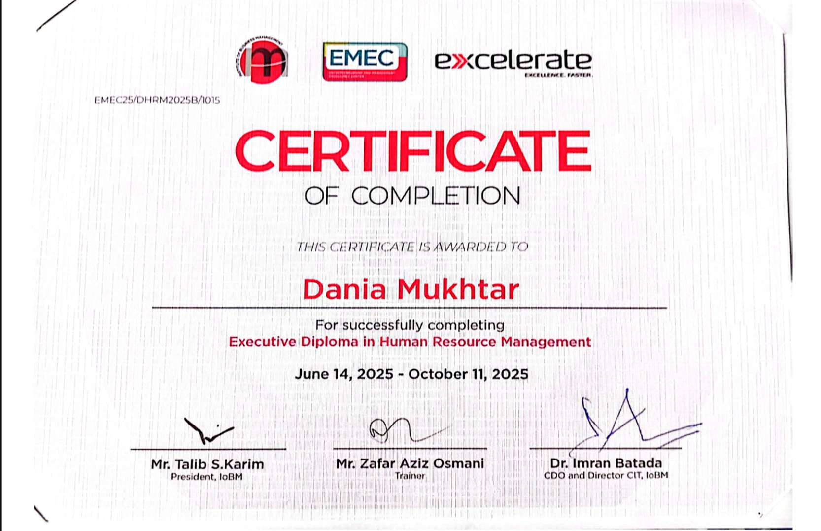 Excelerate EMEC Diploma in Human Resource Management certificate of completion awarded to Dania Mukhtar