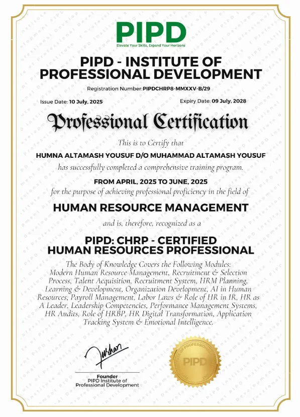 Humna Altamash Yousuf – PIPD Professional Certification – CHRP, Certified Human Resources Professional