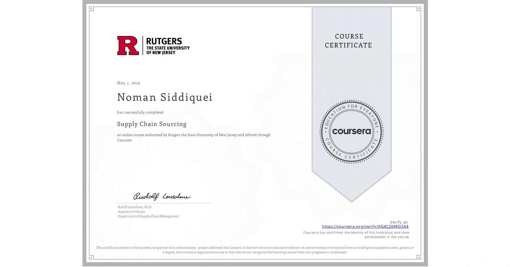 Coursera certificate awarded to Noman Siddiqui.