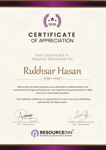 Resourceinn Certificate of Appreciation presented to Rukhsar Hasan
