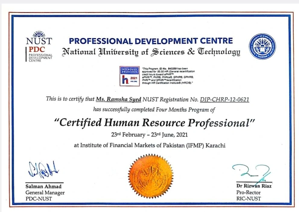 Professional certificate awarded to Ramsha Syed by NUST PDC.
