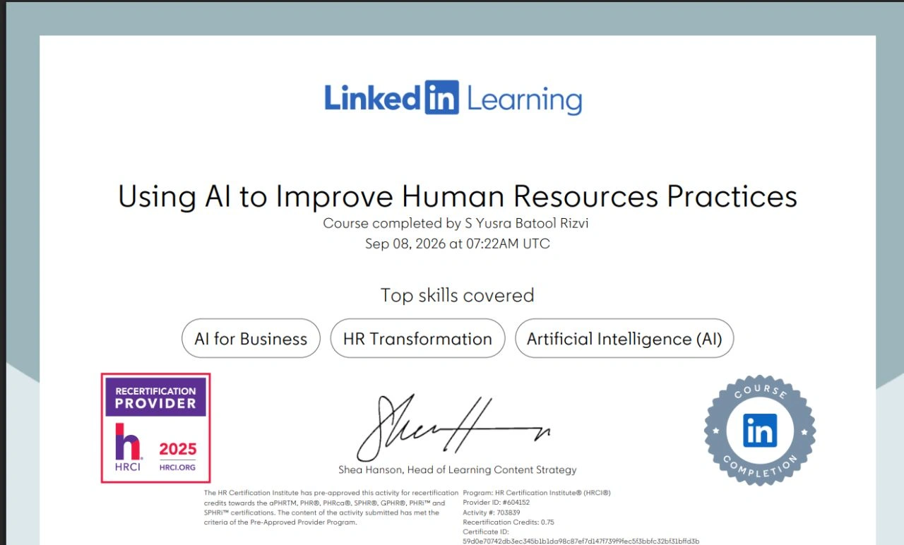 LinkedIn Learning "Using AI to Improve Human Resources Practices" course completion certificate awarded to S Yusra Batool Rizvi