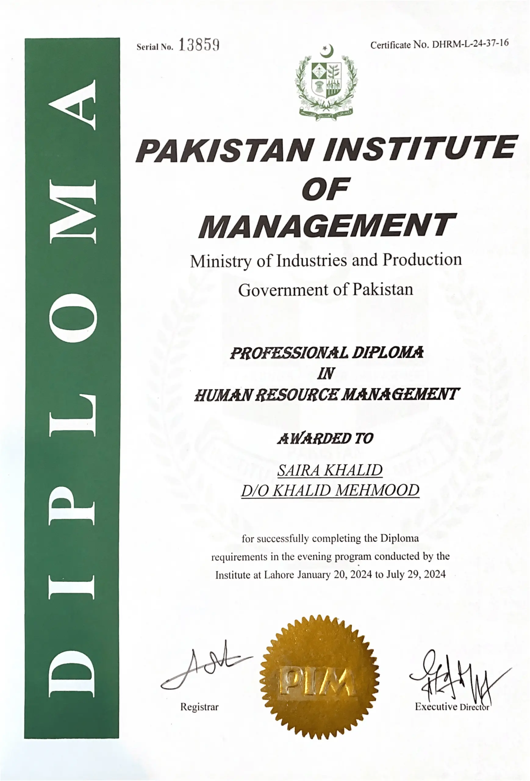 Pakistan Institute of Management Diploma in Human Resource Management (DHRM) certificate
