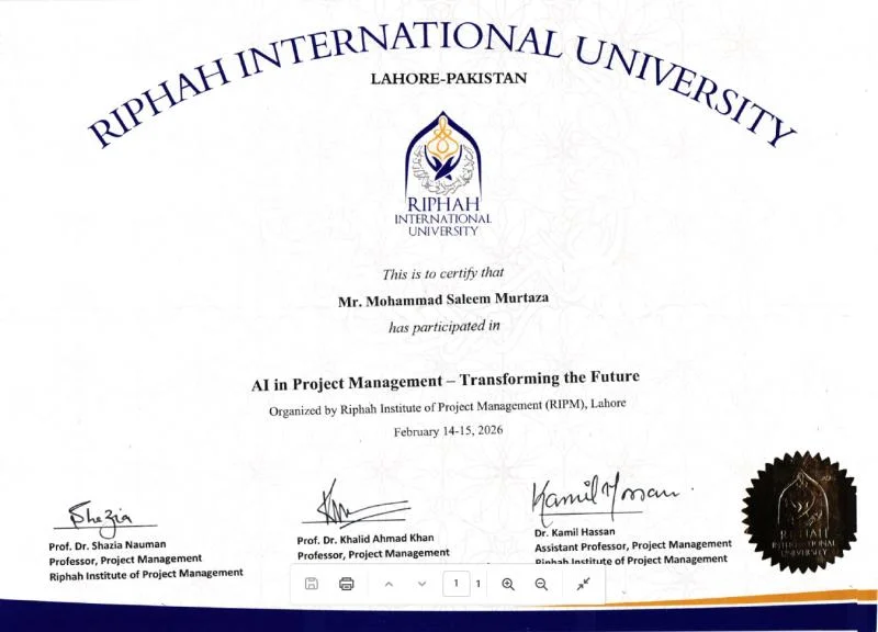 Mohammad Saleem Murtaza – Riphah International University certificate of participation: AI in Project Management – Transforming the Future