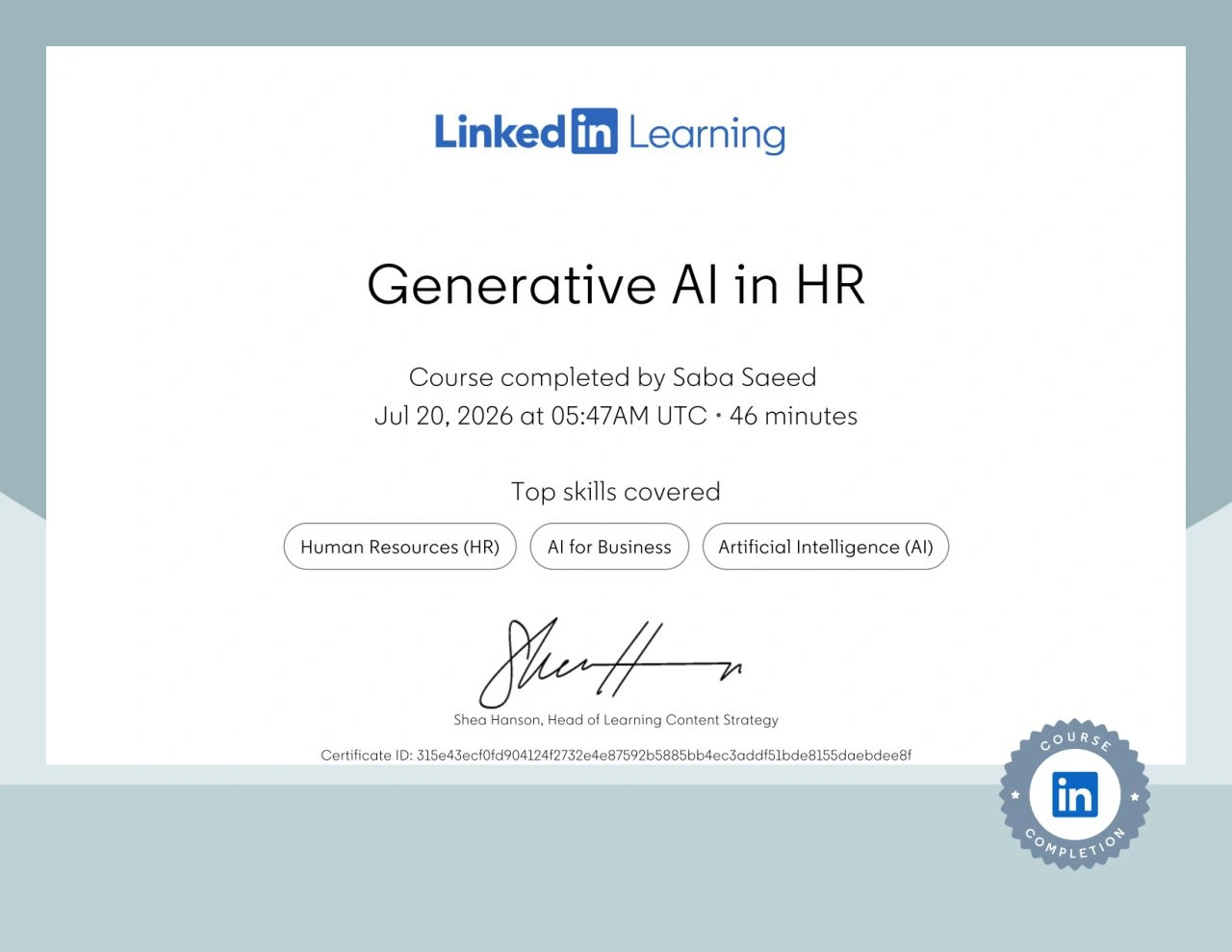 LinkedIn completion certificate awarded to Saba Saeed.
