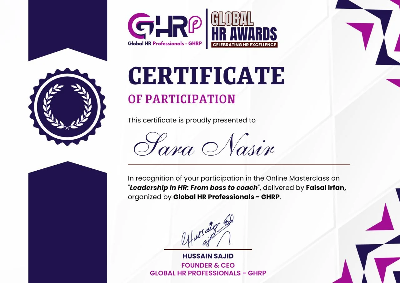 Global HR Professionals (GHRP) "Leadership in HR: From Boss to Coach" certificate of participation, issued to Sara Nasir