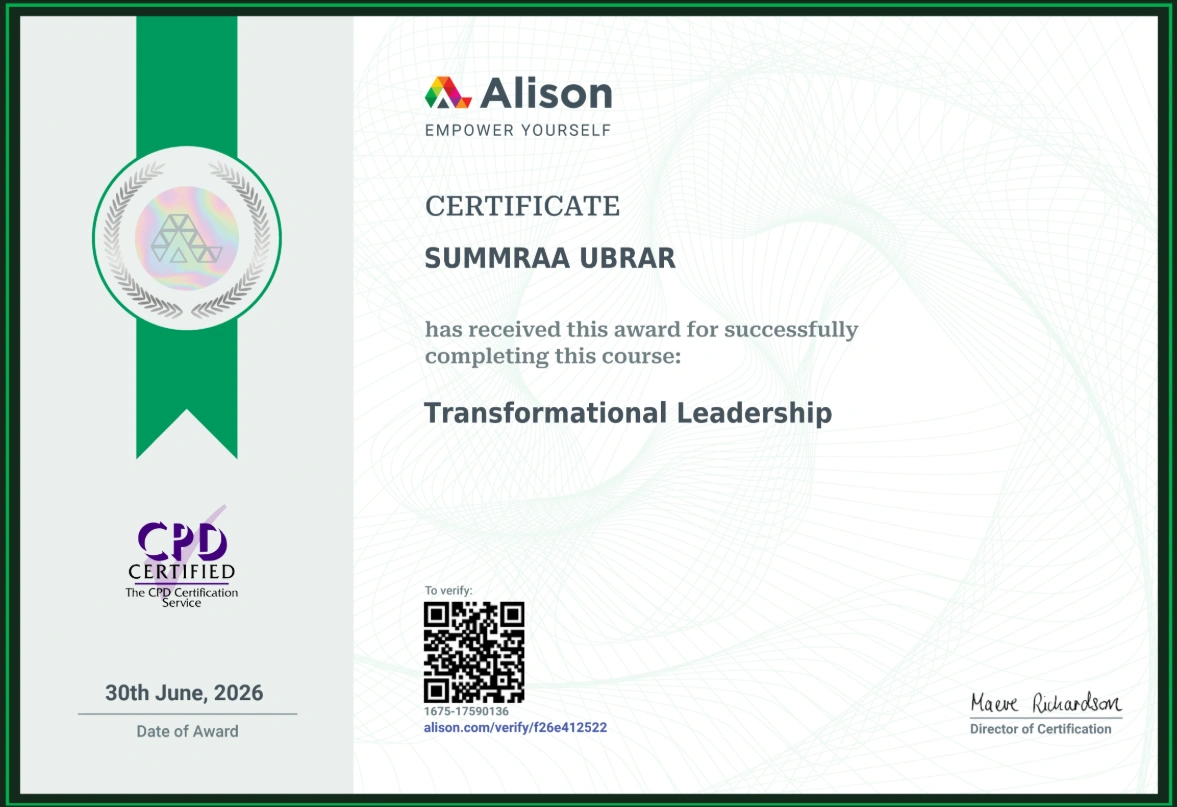 Alison certificate awarded to Summra Ubrar.