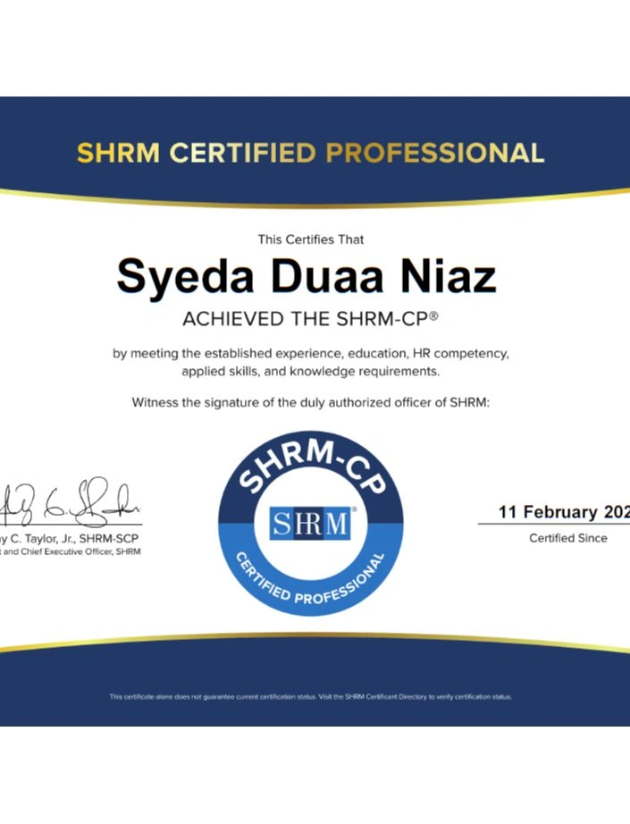 Professional certificate awarded to Syeda Dua Naz by SHRM-CP.