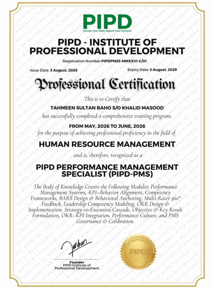 Tahmeen Sultan Baho – PIPD Professional Certification: Human Resource Management (PIPD-PMS Performance Management Specialist)