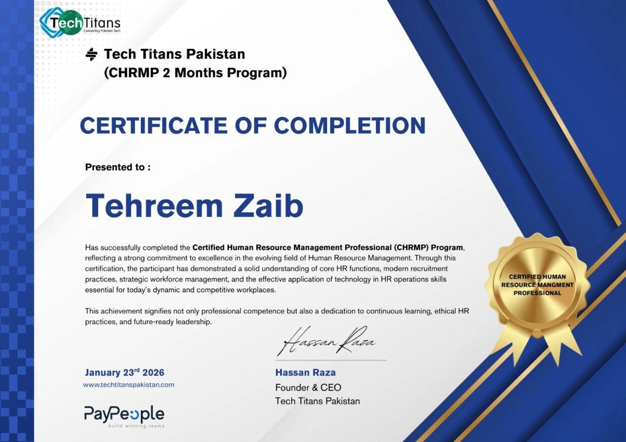 Completion certificate awarded to Tehreem Zaib by Tech Titans.