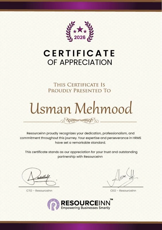 Appreciation certificate awarded to Usman Mehmood by Resourceinn.