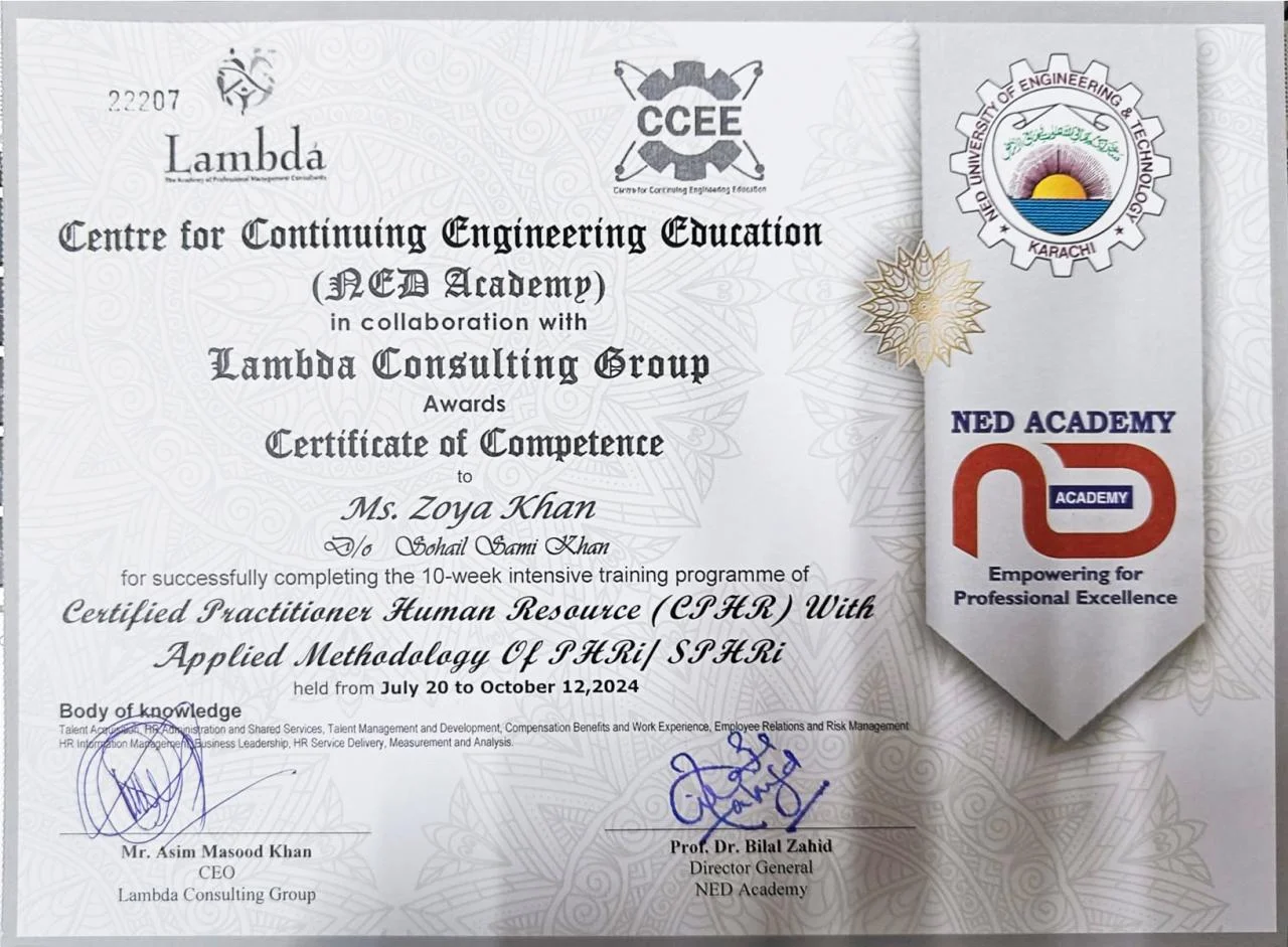 Lambda Center for Continuing Engineering Education Certificate of Competence in Certified Practitioner Human Resource (CPHR) awarded to Zoya Khan