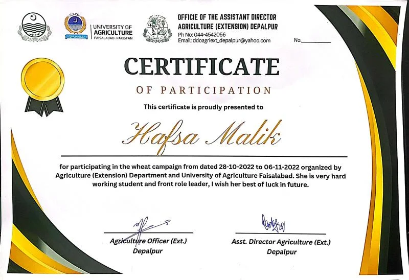 Government of Punjab Agriculture Extension certificate of participation issued to Hafsa Malik
