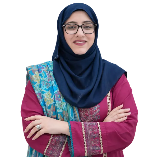 Khadija Irfan, International Recruitment Consultant, in a hijab and maroon outfit with arms crossed