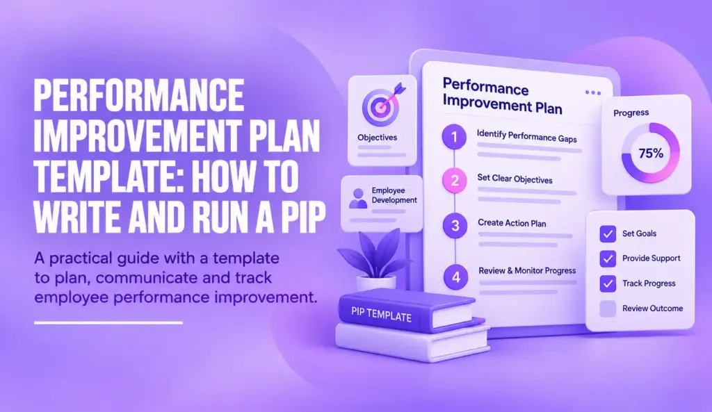 Performance Improvement Plan (PIP) template featuring employee performance goals, action steps, progress tracking, and review checklist on a purple Resourceinn blog banner.