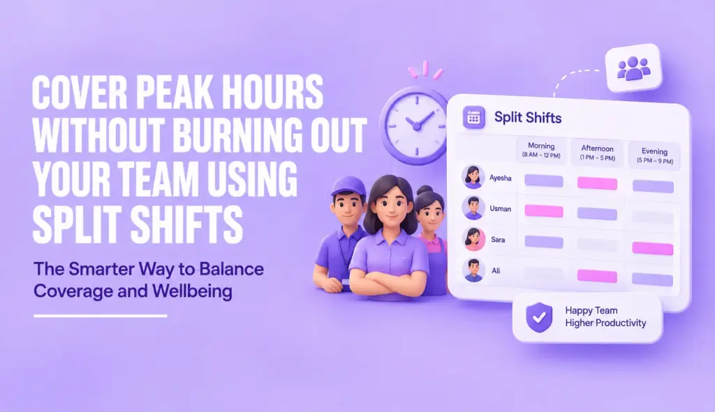 Split shift scheduling to cover peak hours, balance employee workloads, and prevent team burnout.