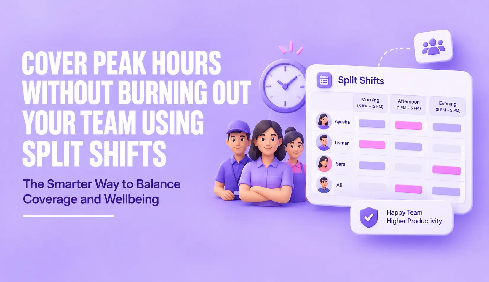Split shift scheduling to cover peak hours, balance employee workloads, and prevent team burnout.