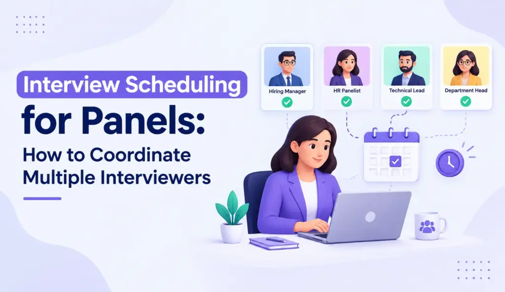 Interview scheduling for panels illustration showing an HR professional coordinating multiple interviewers using a calendar and scheduling tools.