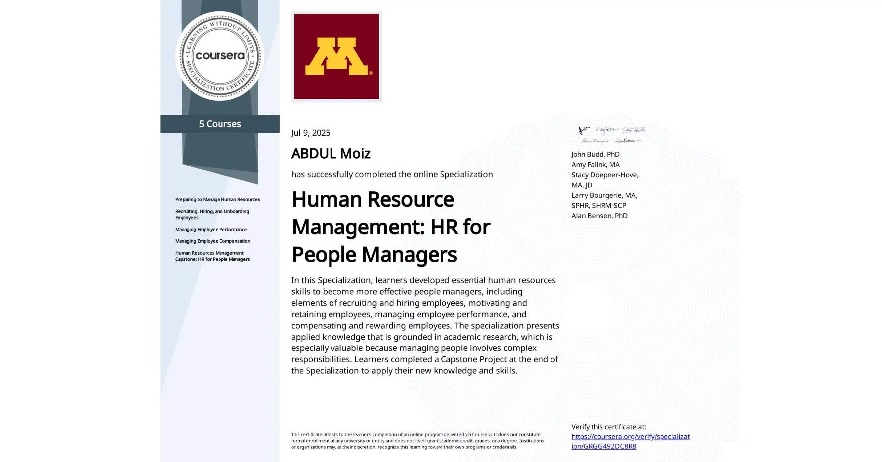 Abdul Moiz – University of Minnesota (Coursera) certificate: Human Resource Management – HR for People Managers
