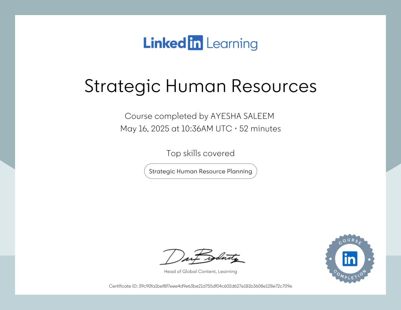 Ayesha Saleem – LinkedIn Learning certificate: Strategic Human Resources