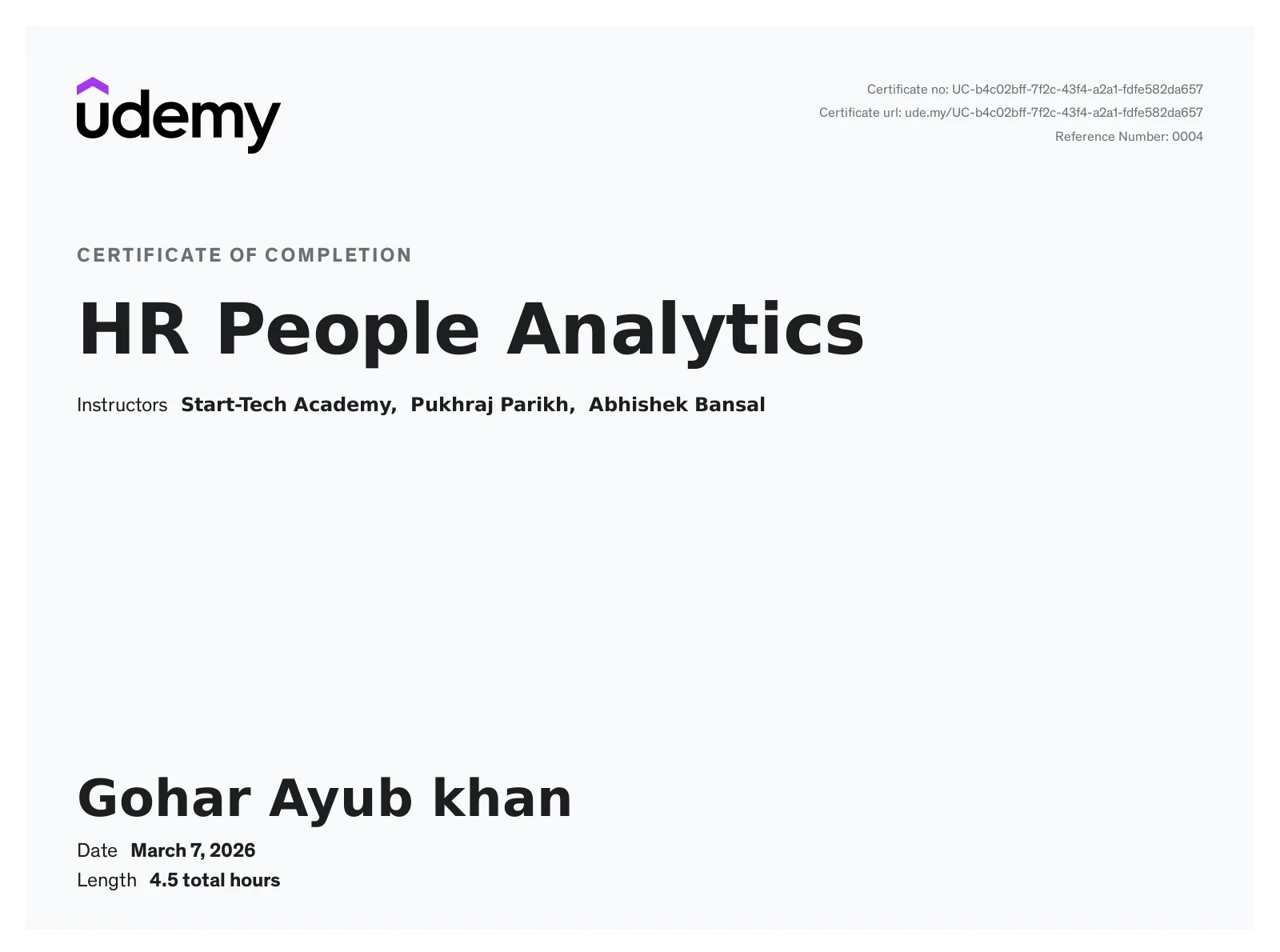 Gohar A. Khan – Udemy certificate of completion: HR People Analytics
